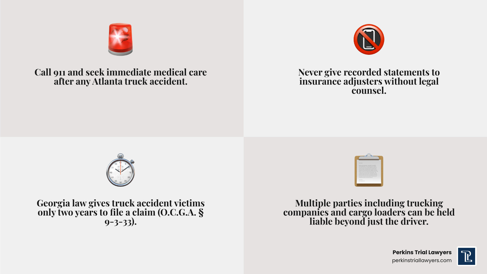 Steps Atlanta truck accident victims should take and key facts about Georgia truck accident law infographic Steps Atlanta truck accident victims should take and key facts about Georgia truck accident law infographic