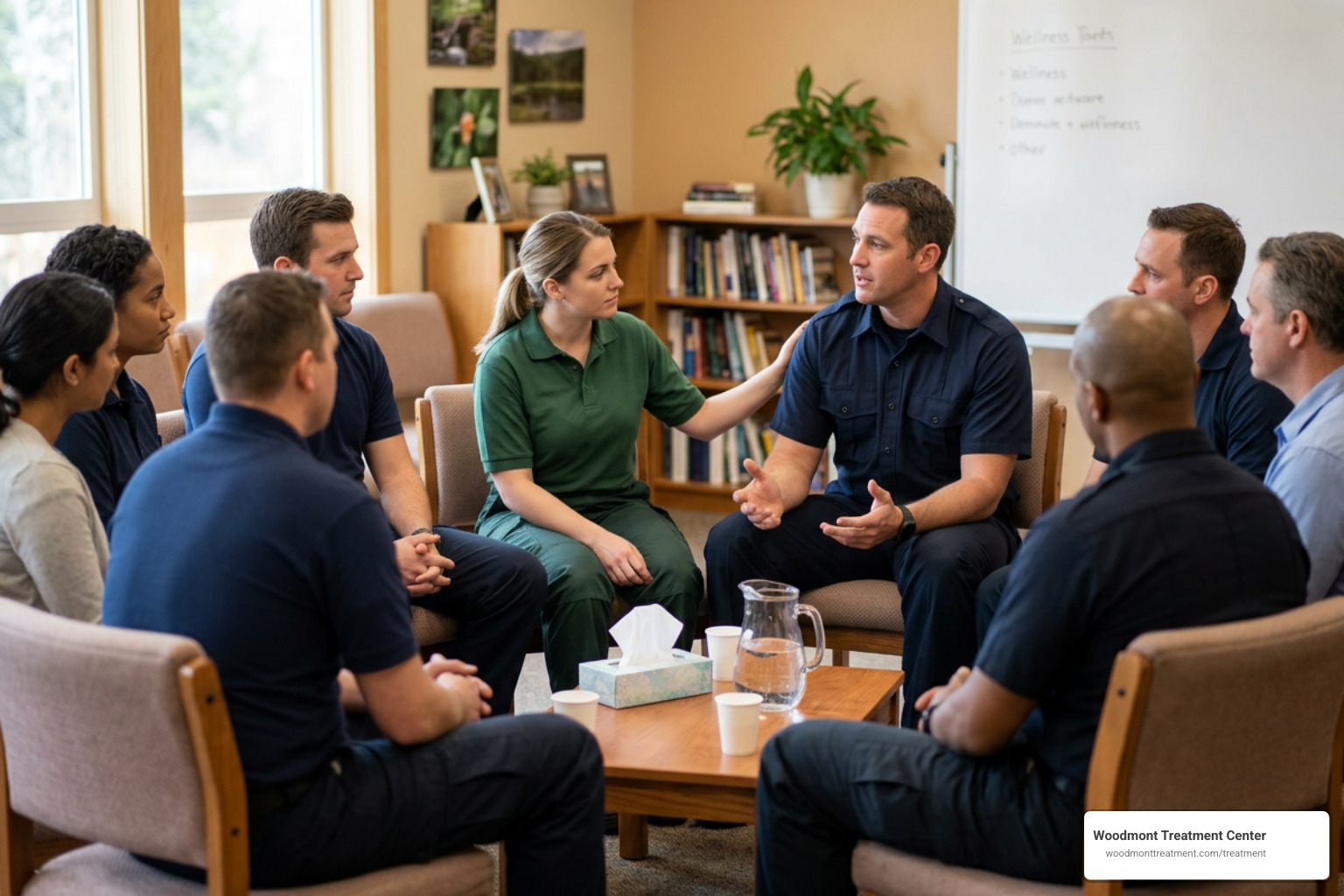 First responders supporting each other in a warm group therapy room First responders supporting each other in a warm group therapy room