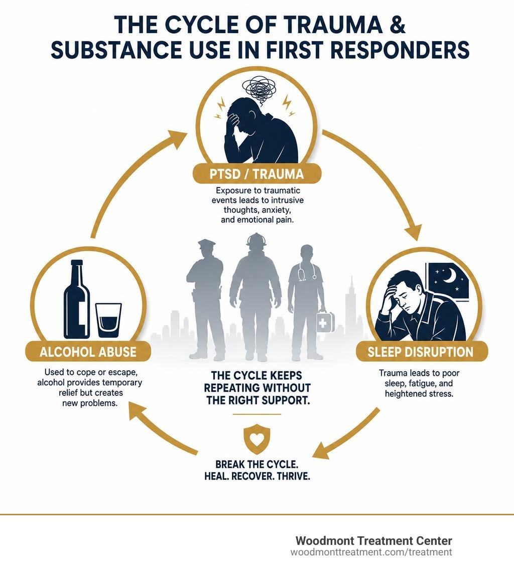 Infographic showing the cycle of trauma and substance use in first responders, with PTSD, sleep disruption, and alcohol Infographic showing the cycle of trauma and substance use in first responders, with PTSD, sleep disruption, and alcohol