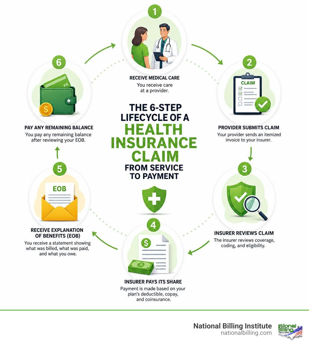 Infographic showing the 6-step lifecycle of a health insurance claim from service to payment infographic