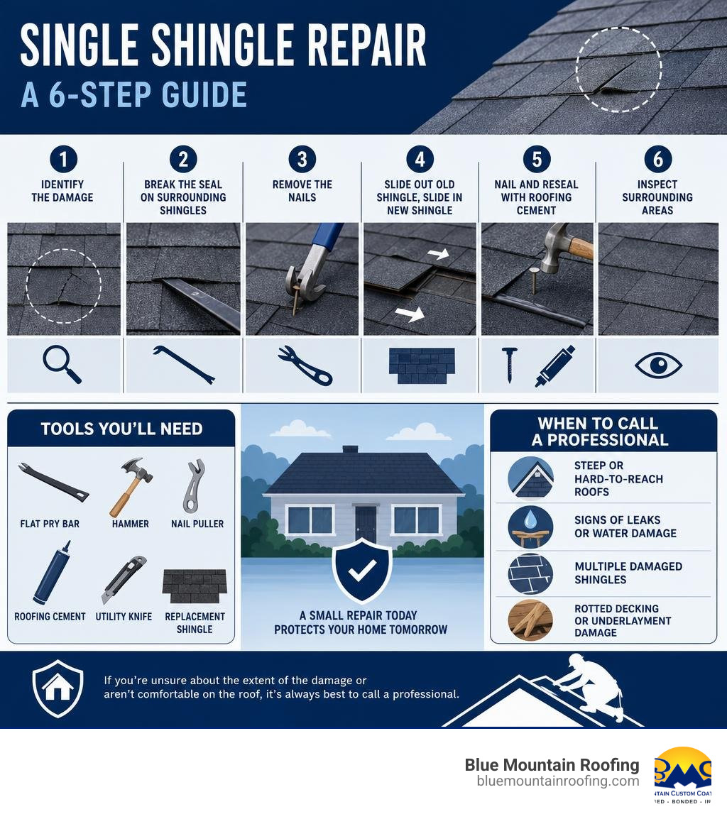 Infographic showing 6 steps of single shingle repair with tools needed and when to call a professional infographic