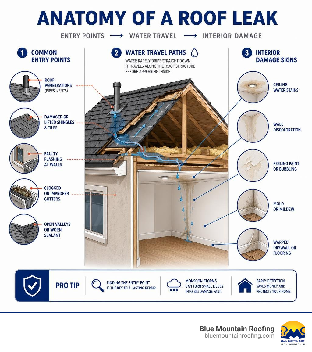 Anatomy of a roof leak infographic showing common entry points, water travel paths, and interior damage signs infographic Anatomy of a roof leak infographic showing common entry points, water travel paths, and interior damage signs infographic