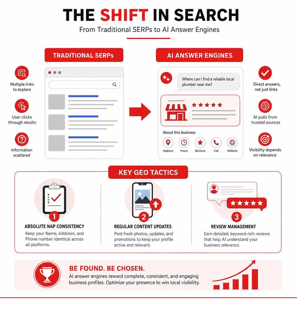 Infographic showing the shift from traditional SERPs to AI answer engines with key GEO tactics infographic