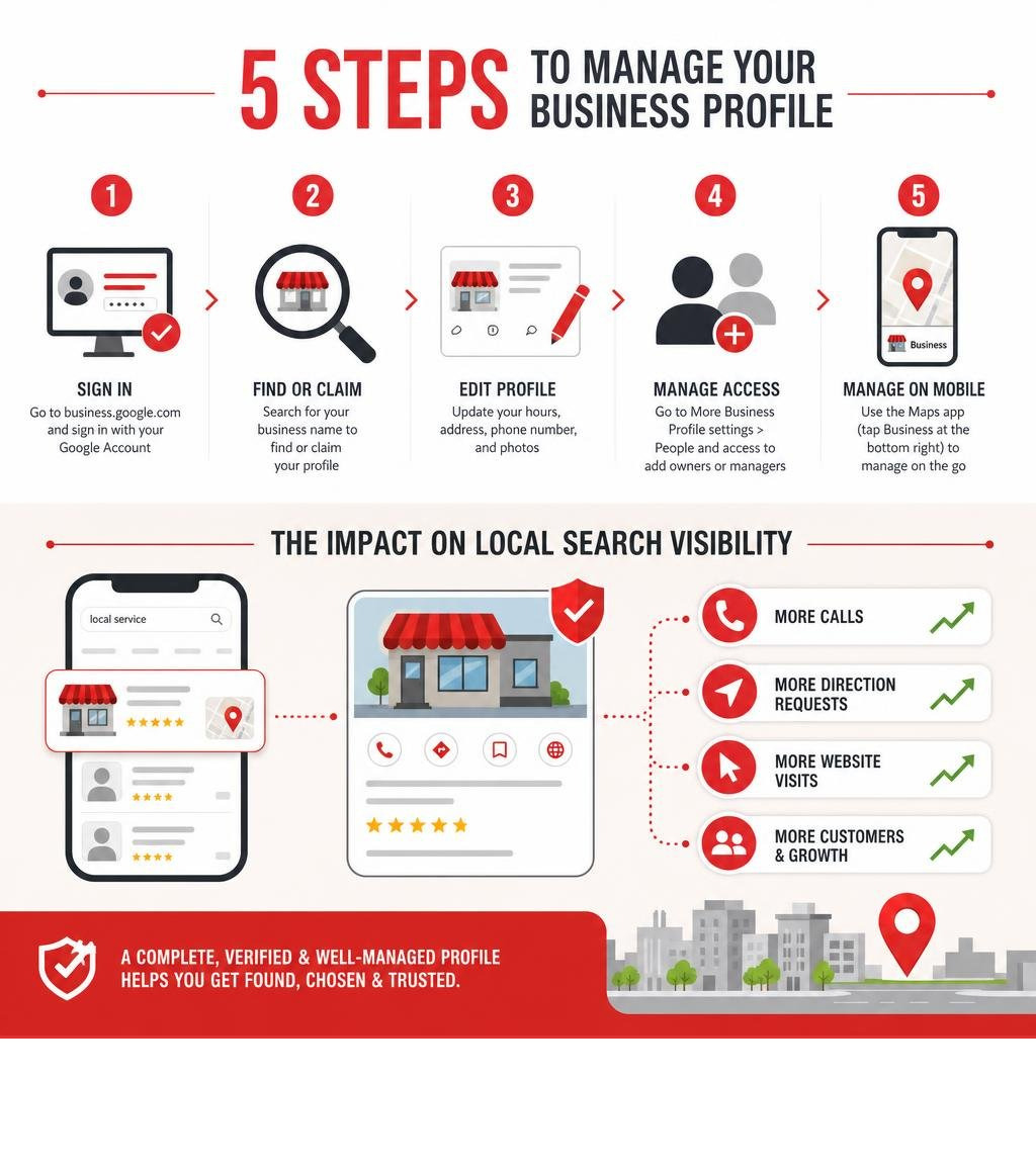 Infographic showing steps to manage Google Business Profile and impact on local search visibility infographic