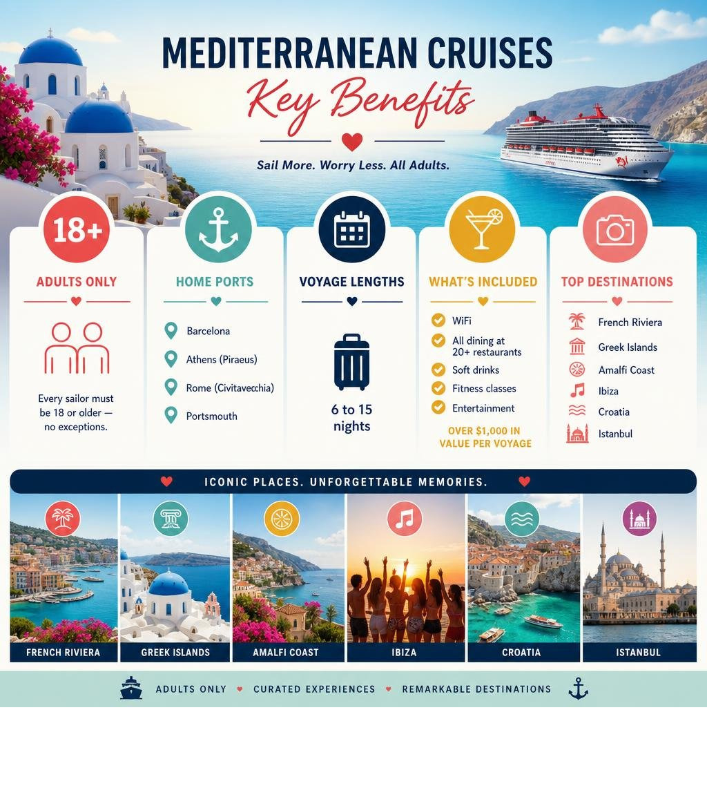 Infographic showing Virgin Voyages Mediterranean cruise key benefits: adults-only policy, home ports, voyage lengths Infographic showing Virgin Voyages Mediterranean cruise key benefits: adults-only policy, home ports, voyage lengths