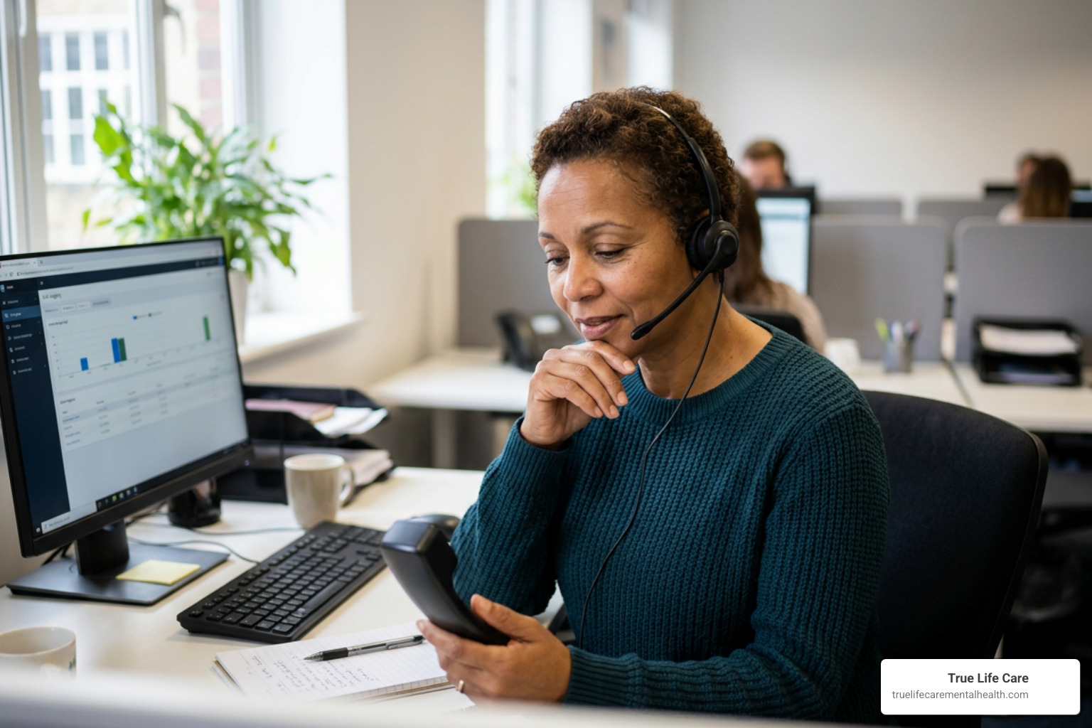 A compassionate crisis counselor answering a call with empathy and focus