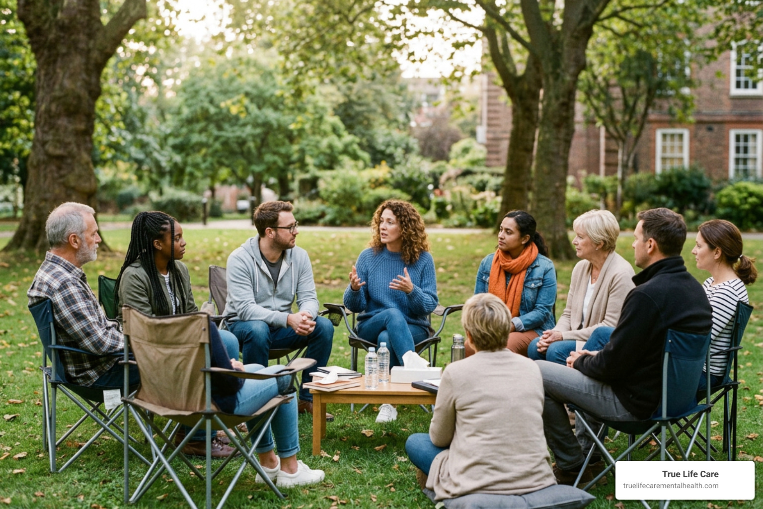 Group therapy session where individuals share their stories and find healing together