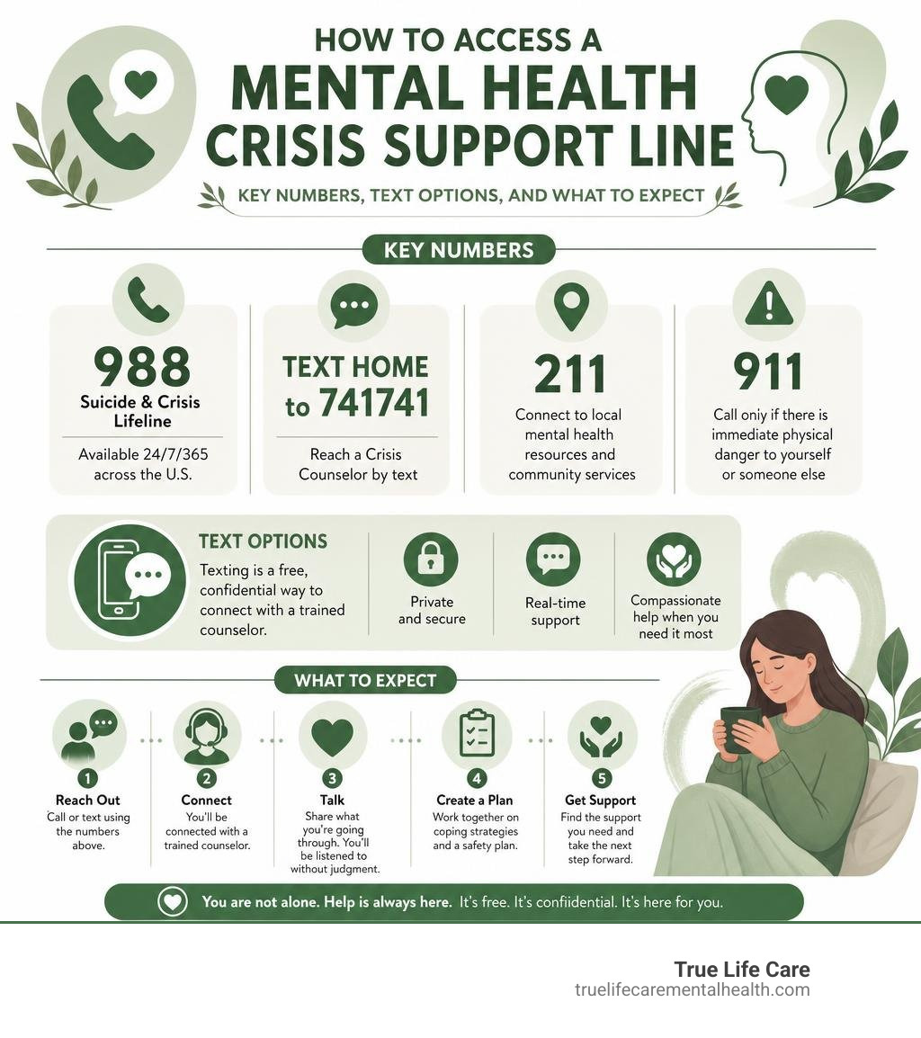 How to access a mental health crisis support line: key numbers, text options, and what to expect infographic