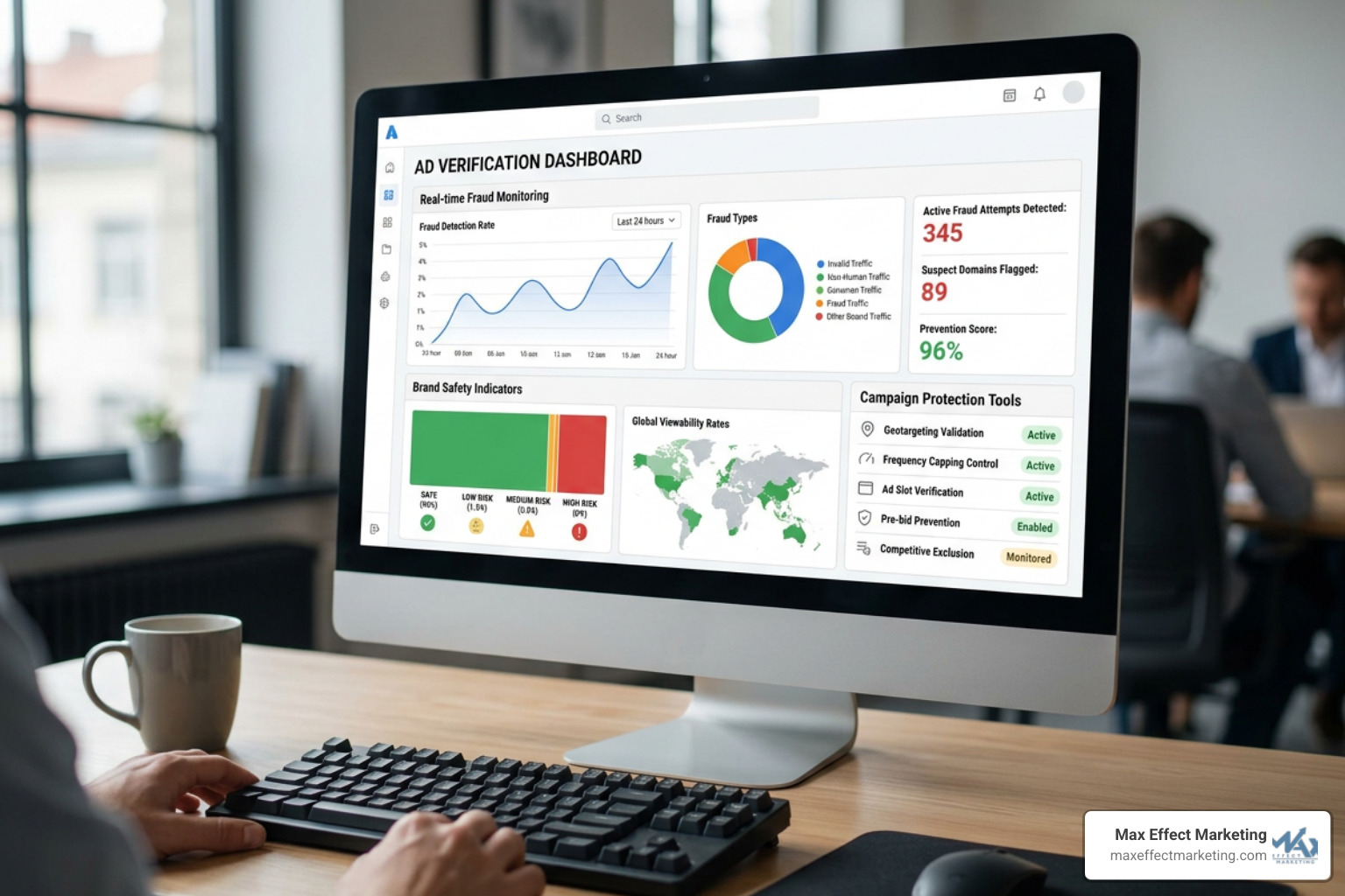 Secure digital ad verification dashboard showing real-time fraud monitoring and brand safety
