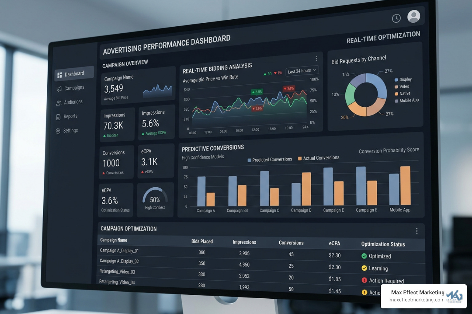 AI-powered DSP dashboard displaying real-time bidding optimization and predictive conversions