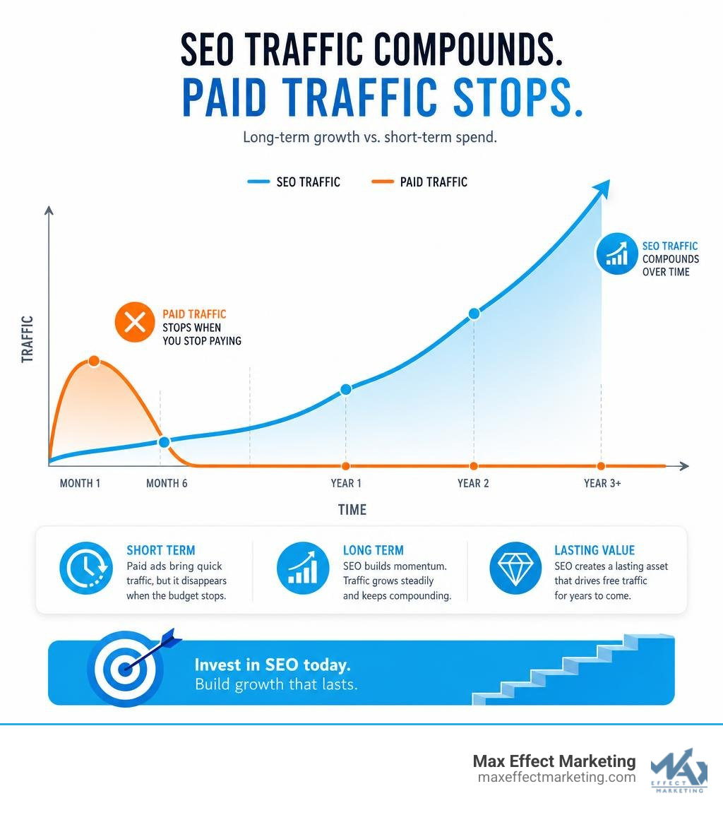 Infographic showing the compounding nature of SEO traffic growth versus paid advertising spend over time infographic