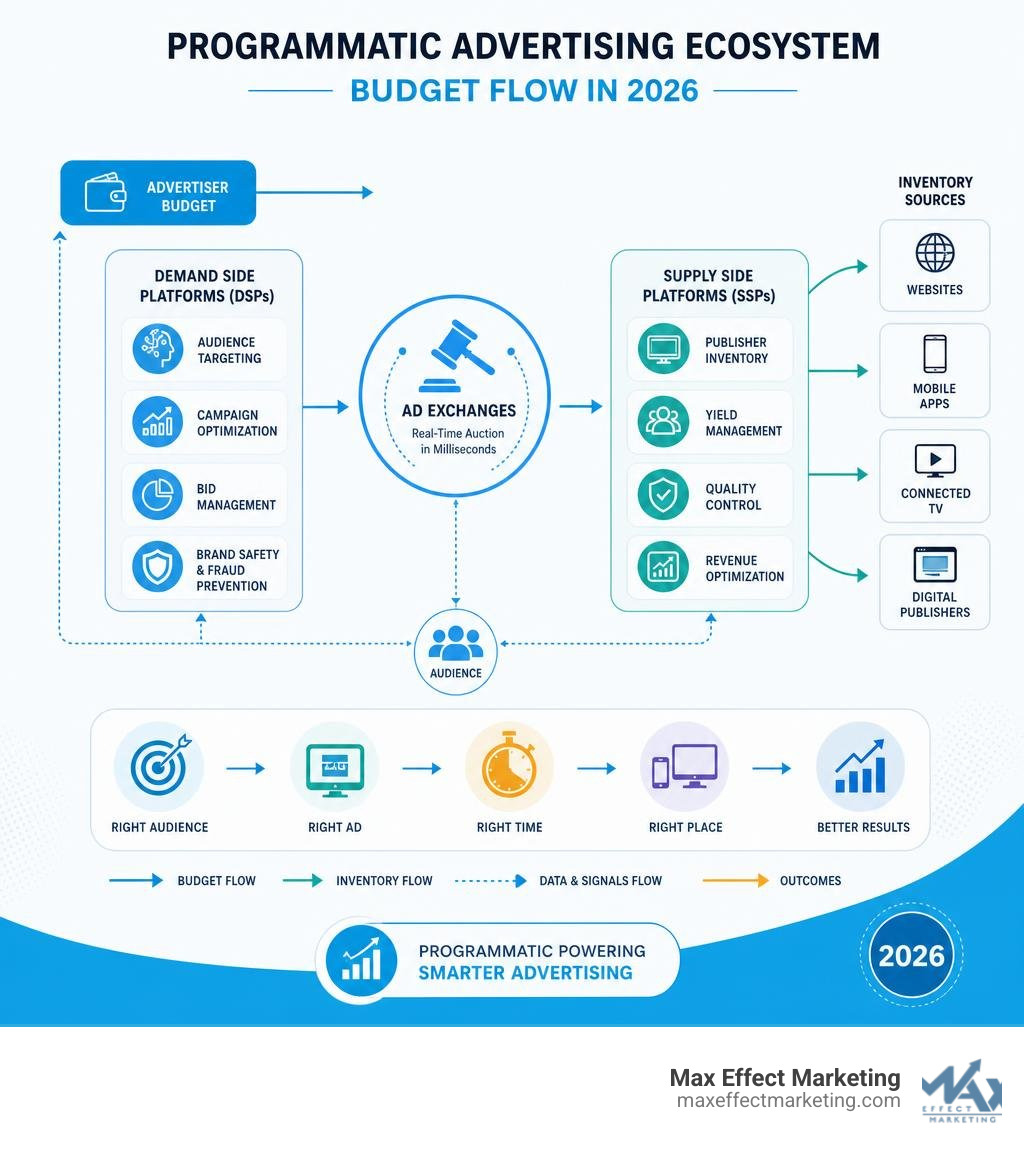 Programmatic advertising ecosystem infographic showing DSPs, SSPs, ad exchanges, and budget flow in 2026 infographic