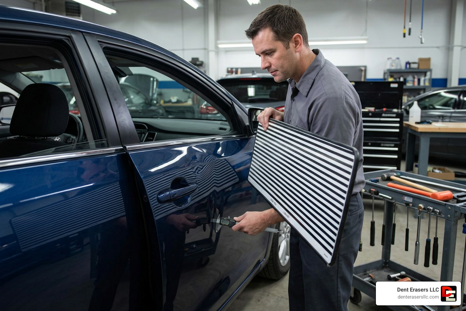 technician measuring a dent with a line board on a car door Technician Measuring A Dent With A Line Board On A Car Door