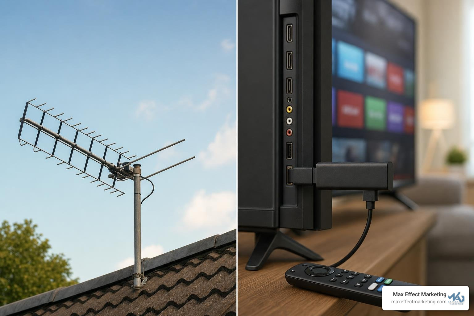 Traditional TV antenna vs a modern streaming device showing shifting viewership