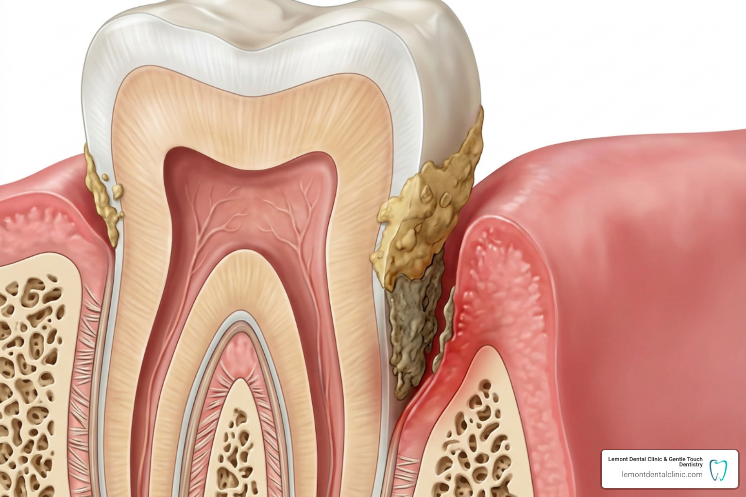 Diagram showing the difference between supragingival tartar above the gums and subgingival tartar deep inside the