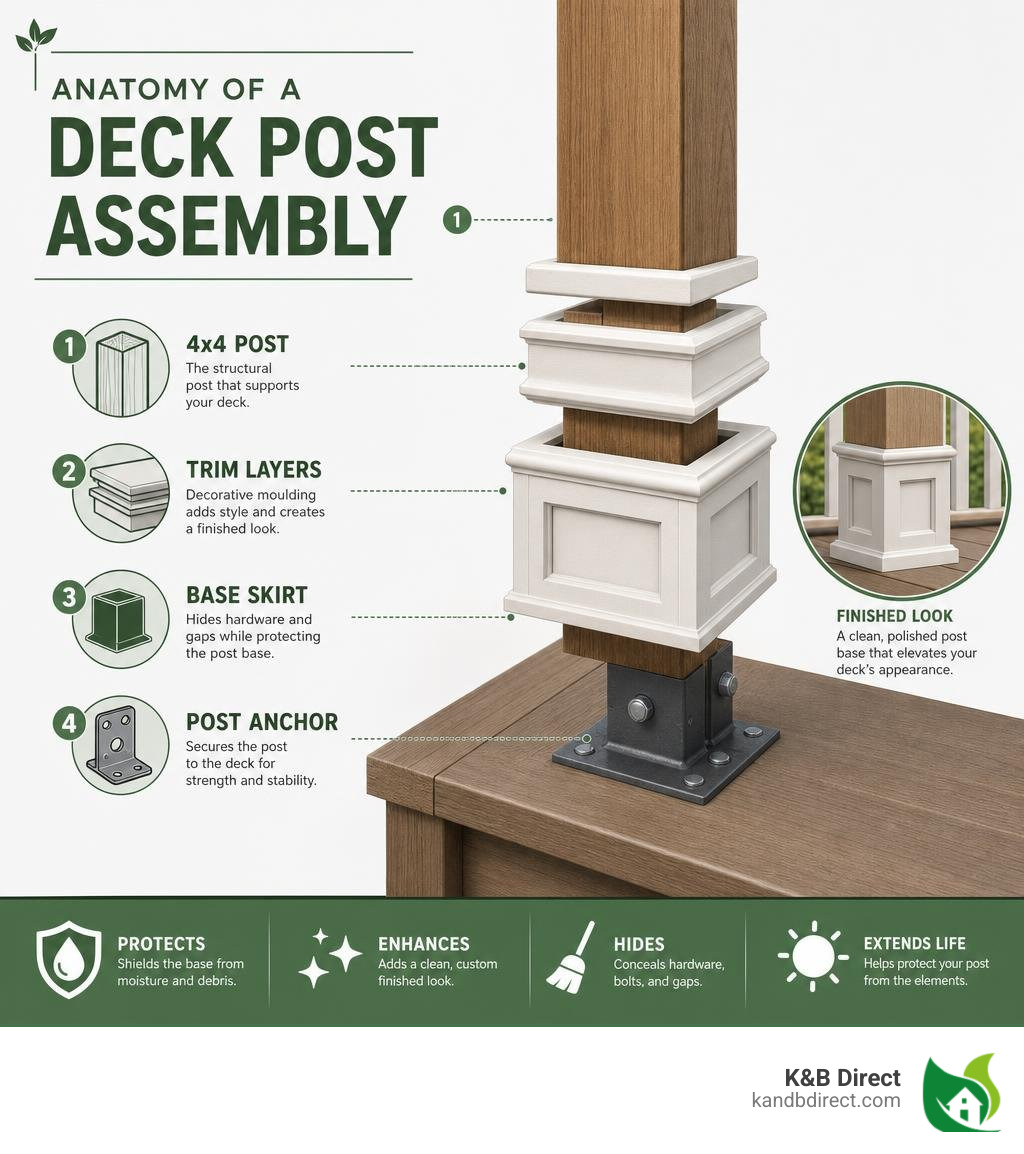 Infographic showing anatomy of a deck post assembly with base skirt, post anchor, and trim layers labeled infographic
