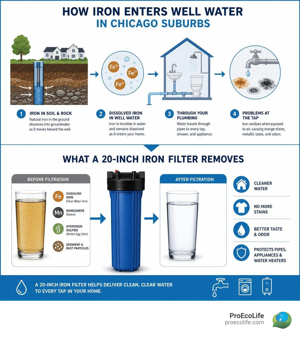 Infographic showing how iron enters well water in Chicago suburbs and what a 20-inch filter removes infographic Infographic showing how iron enters well water in Chicago suburbs and what a 20-inch filter removes infographic