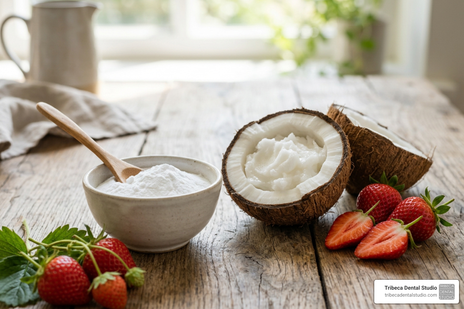 Natural teeth whitening ingredients like baking soda, coconut oil, and strawberries