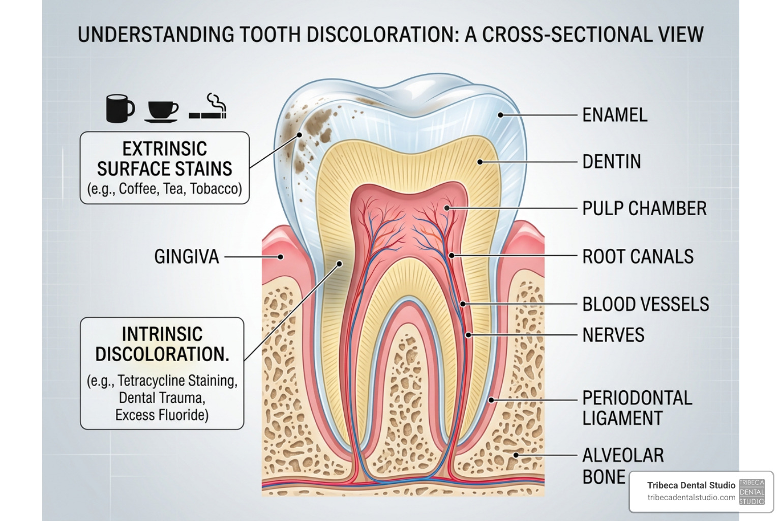Diagram showing tooth discoloration types and the difference between enamel and yellow dentin