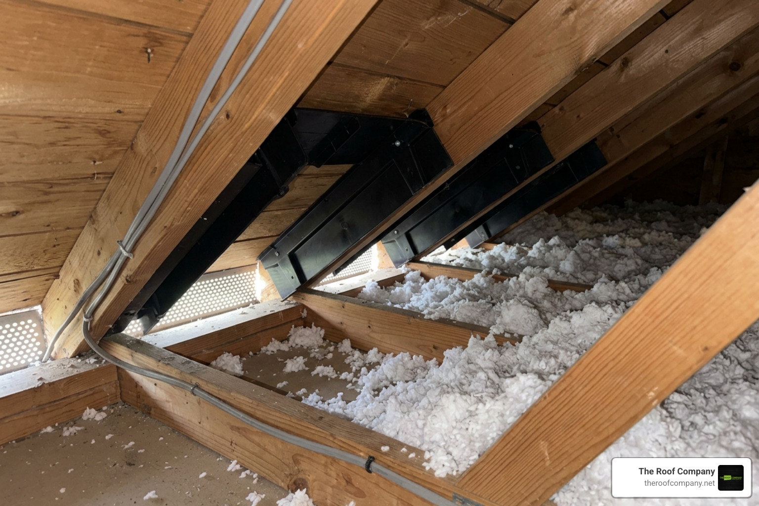 Attic baffles installed near soffit vents to maintain airflow Attic baffles installed near soffit vents to maintain airflow