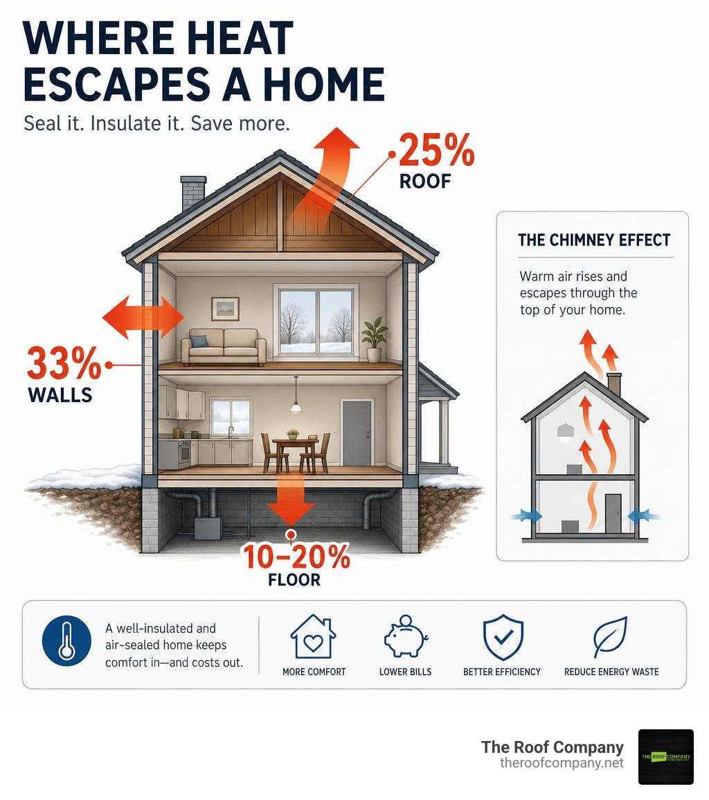 Infographic showing where heat escapes a home: 25% roof, 33% walls, 10-20% floor, chimney effect diagram infographic Infographic showing where heat escapes a home: 25% roof, 33% walls, 10-20% floor, chimney effect diagram infographic