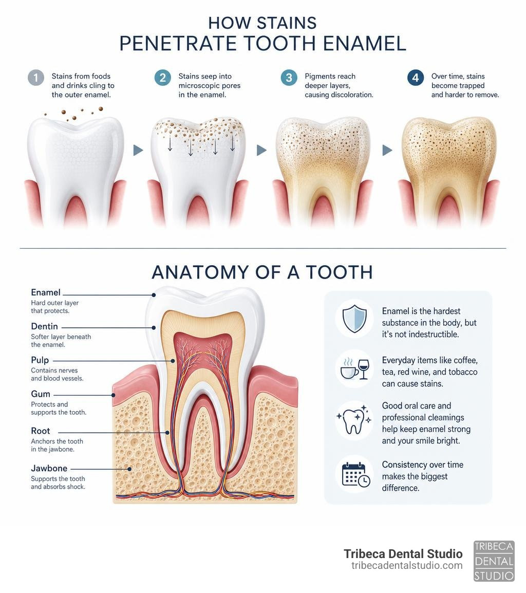Infographic showing how stains penetrate tooth enamel and the anatomy of a tooth infographic