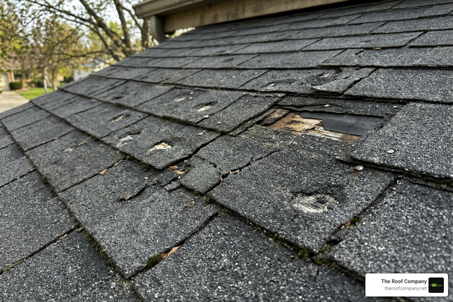 Damaged roof shingles showing hail damage and improper previous installation Damaged roof shingles showing hail damage and improper previous installation