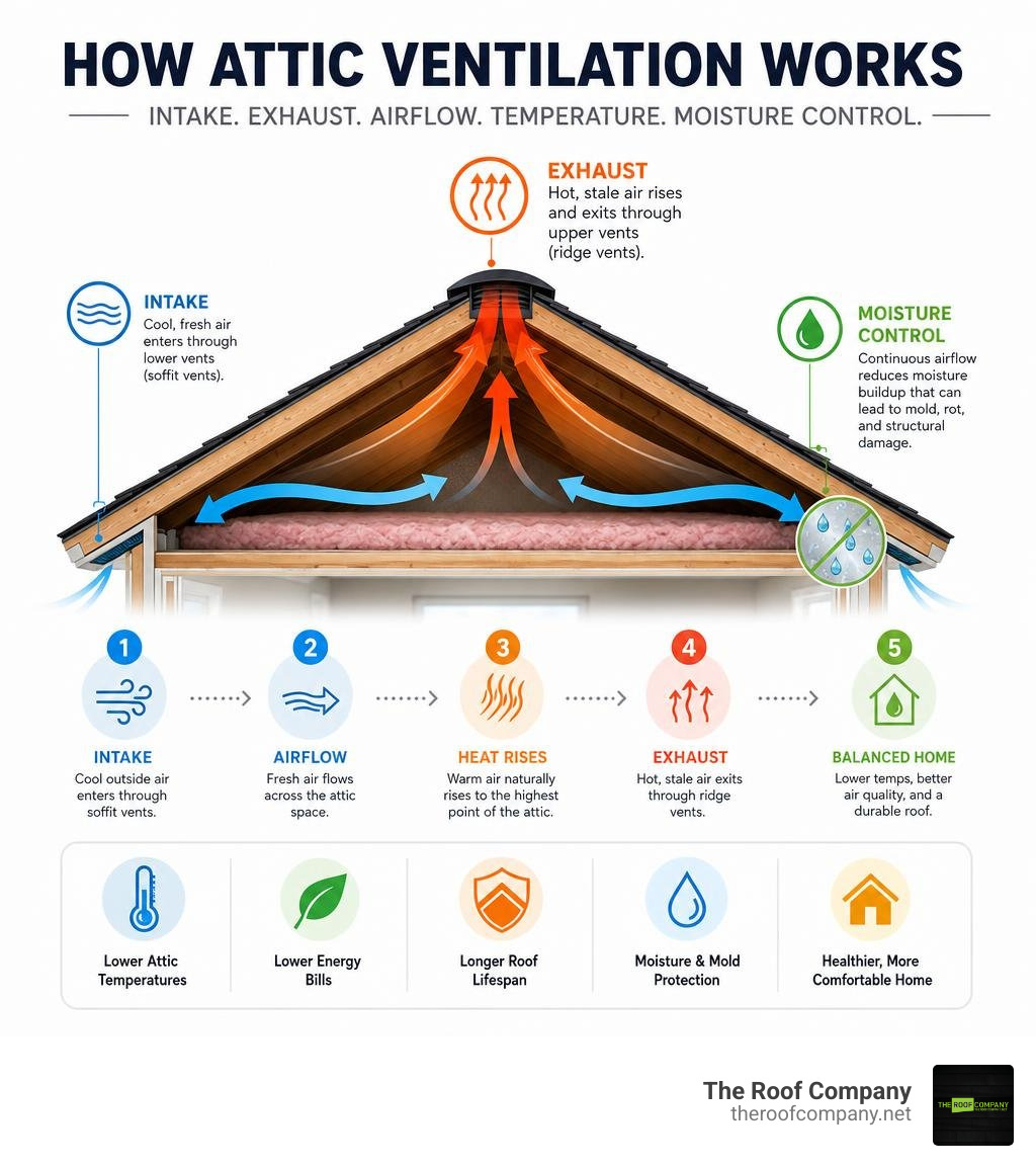 how attic ventilation works — intake, exhaust, airflow, temperature, and moisture control infographic how attic ventilation works — intake, exhaust, airflow, temperature, and moisture control infographic