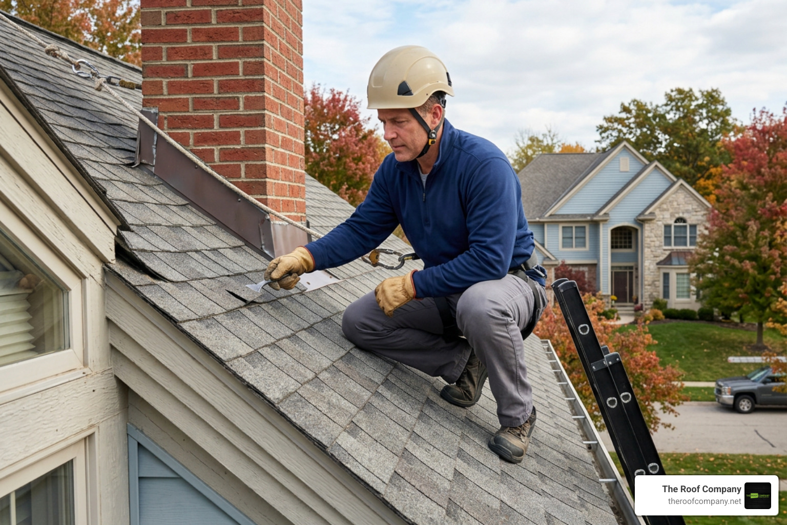 Professional roof inspection checking shingles and flashing on a Michigan home Professional roof inspection checking shingles and flashing on a Michigan home