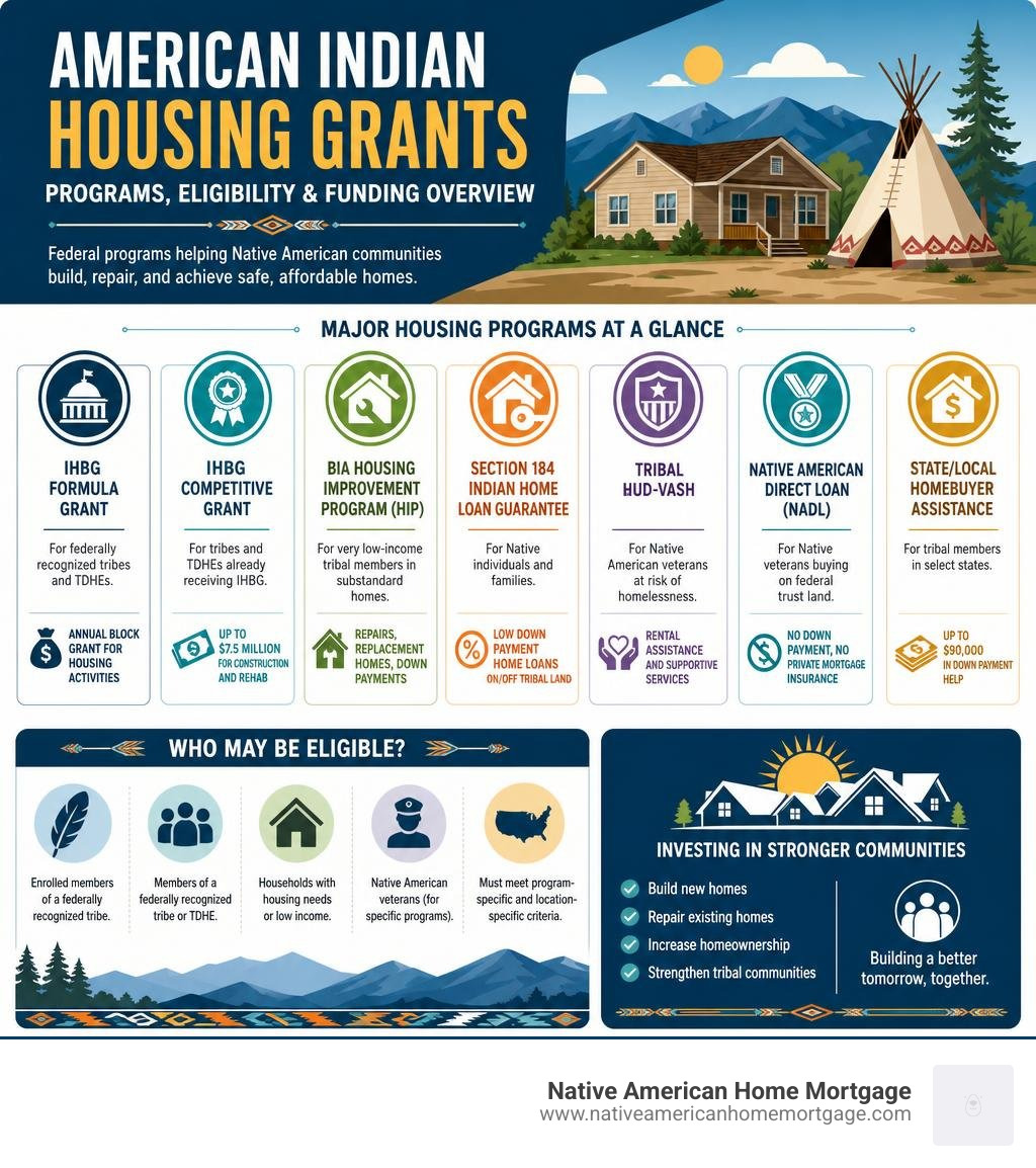 Overview infographic of American Indian housing grants programs, eligibility, and funding amounts infographic