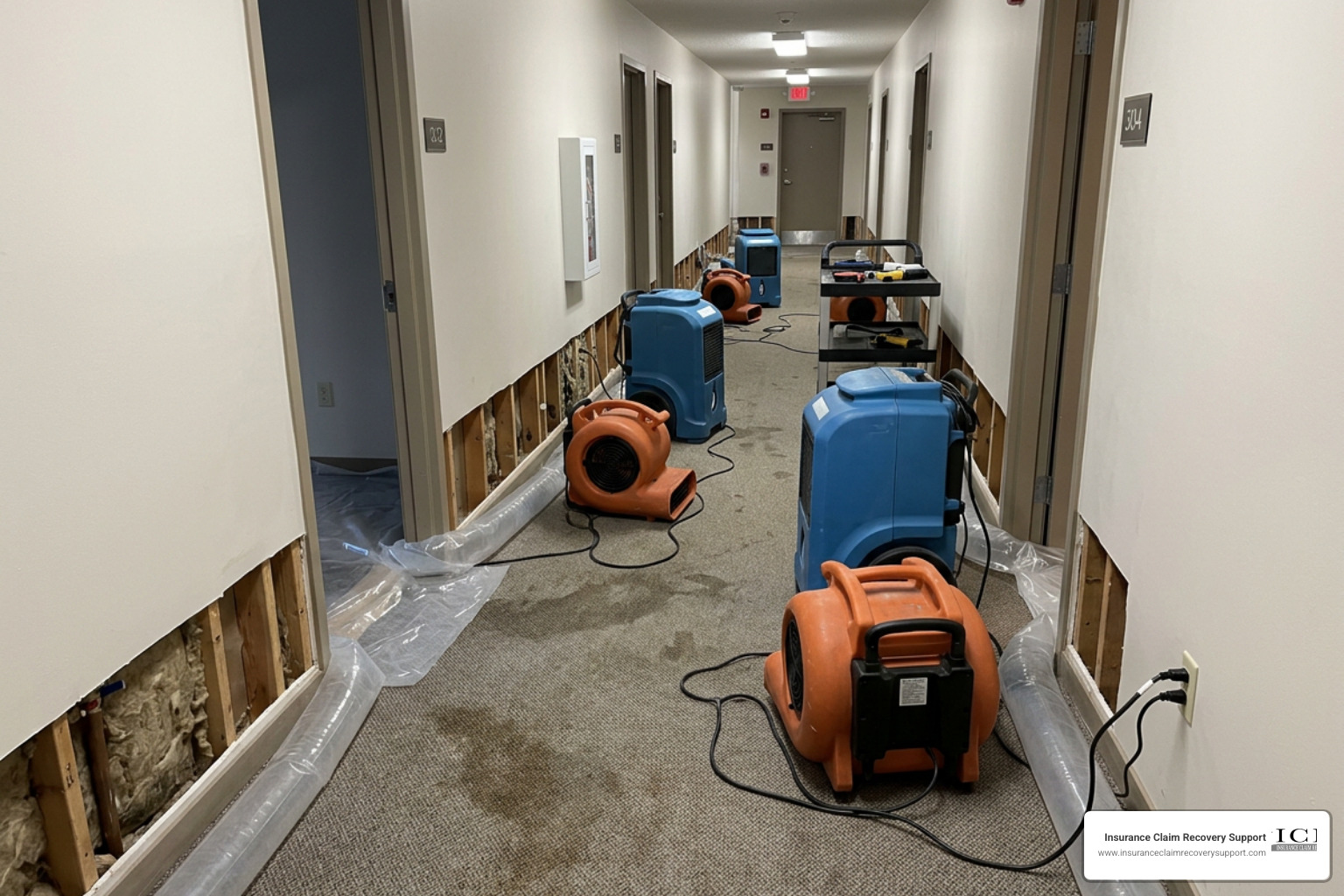 Industrial dehumidifiers and air movers running in water-damaged commercial apartment hallway