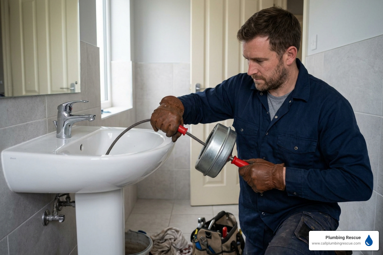 Plumber using a hand drum auger to clear a bathroom sink drain Plumber using a hand drum auger to clear a bathroom sink drain