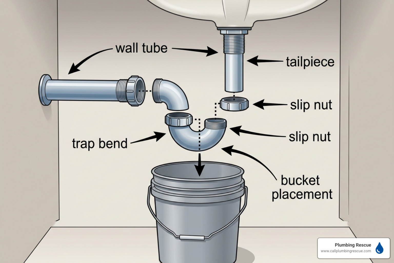 Diagram of a disassembled sink P-trap showing slip nuts and bucket placement Diagram of a disassembled sink P-trap showing slip nuts and bucket placement