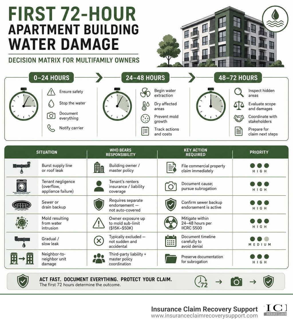 First 72-hour apartment building water damage decision matrix for multifamily owners infographic