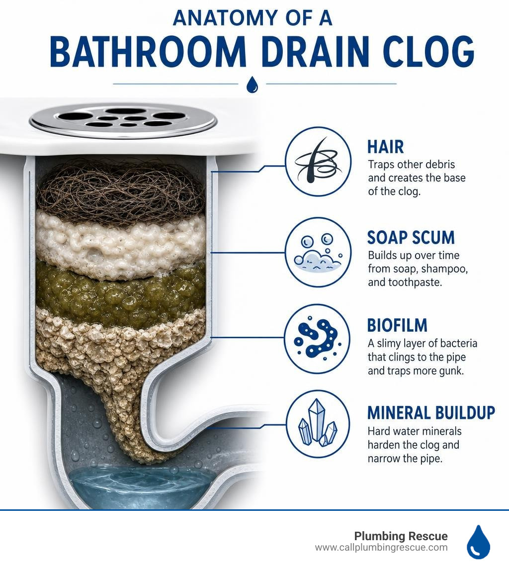 Anatomy of a bathroom drain clog: hair, soap scum, biofilm, and mineral buildup layers infographic Anatomy of a bathroom drain clog: hair, soap scum, biofilm, and mineral buildup layers infographic