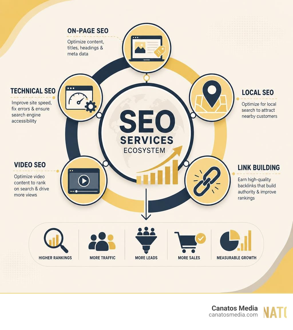 Overview infographic of SEO services ecosystem including on-page, technical, local, video, and link building infographic