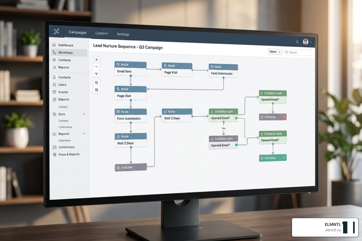 HubSpot Marketing Studio workspace showing a visual campaign canvas with connected assets