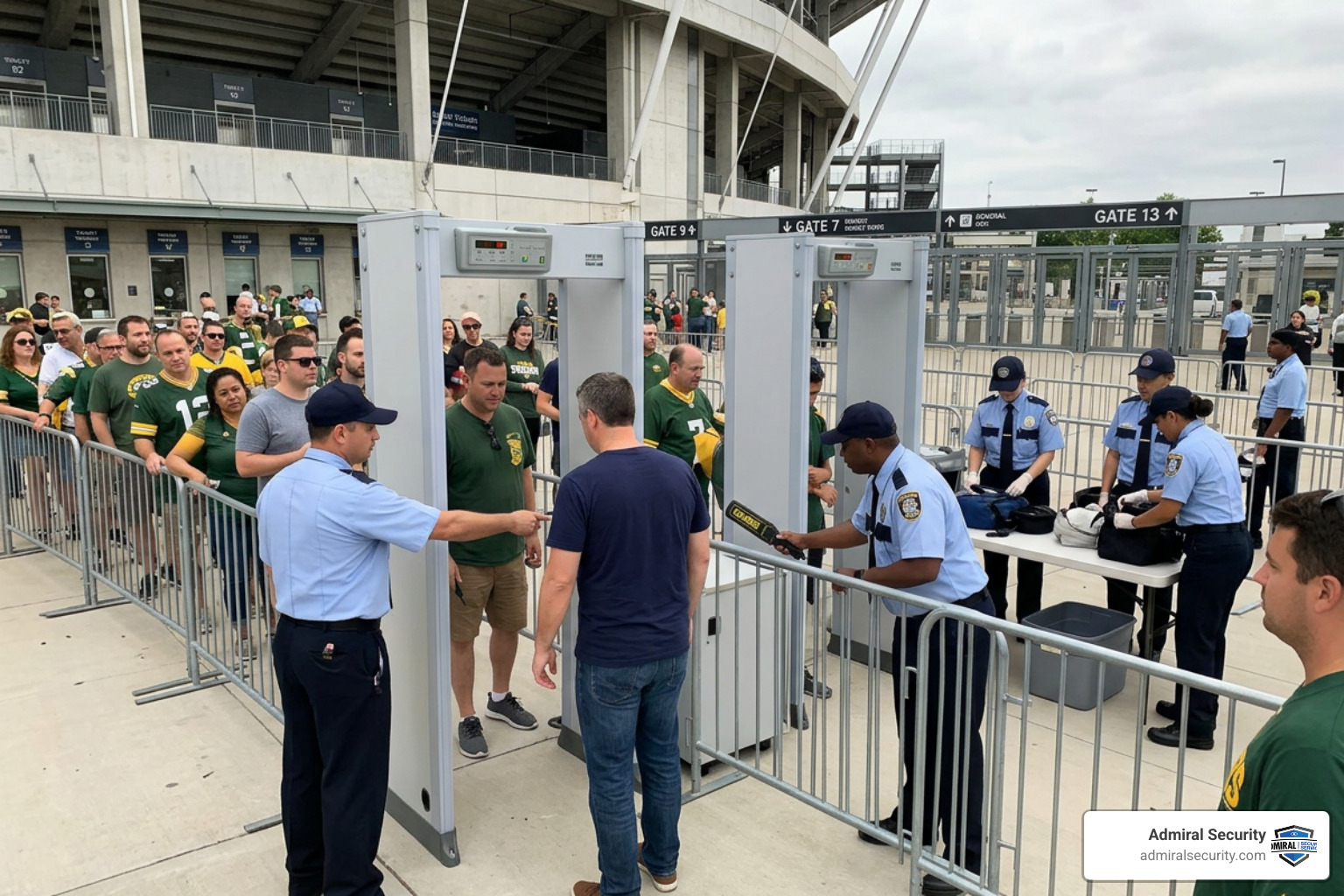 Security personnel operating metal detectors at a stadium entrance, badges blurred