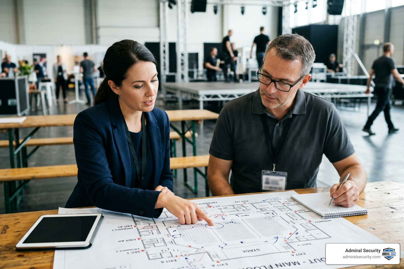Event organizer reviewing a venue floor plan with a security consultant, badges blurred