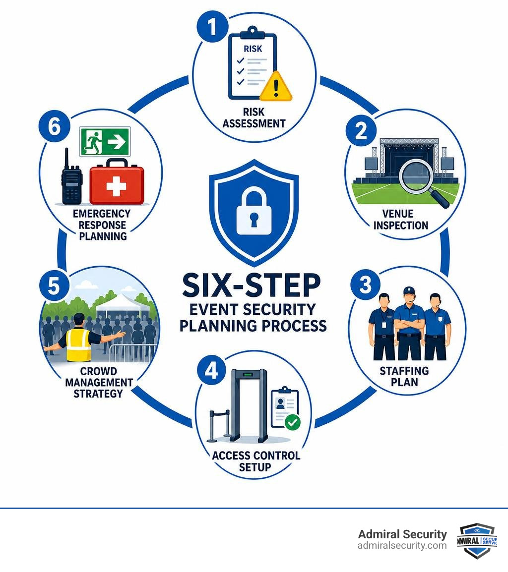 Six-step event security planning process: risk assessment, venue inspection, staffing plan, access control setup, crowd