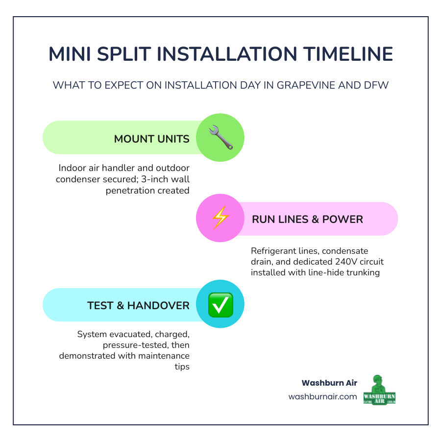 Mini split installation day process infographic showing 6 steps from assessment to final walkthrough infographic Mini split installation day process infographic showing 6 steps from assessment to final walkthrough infographic