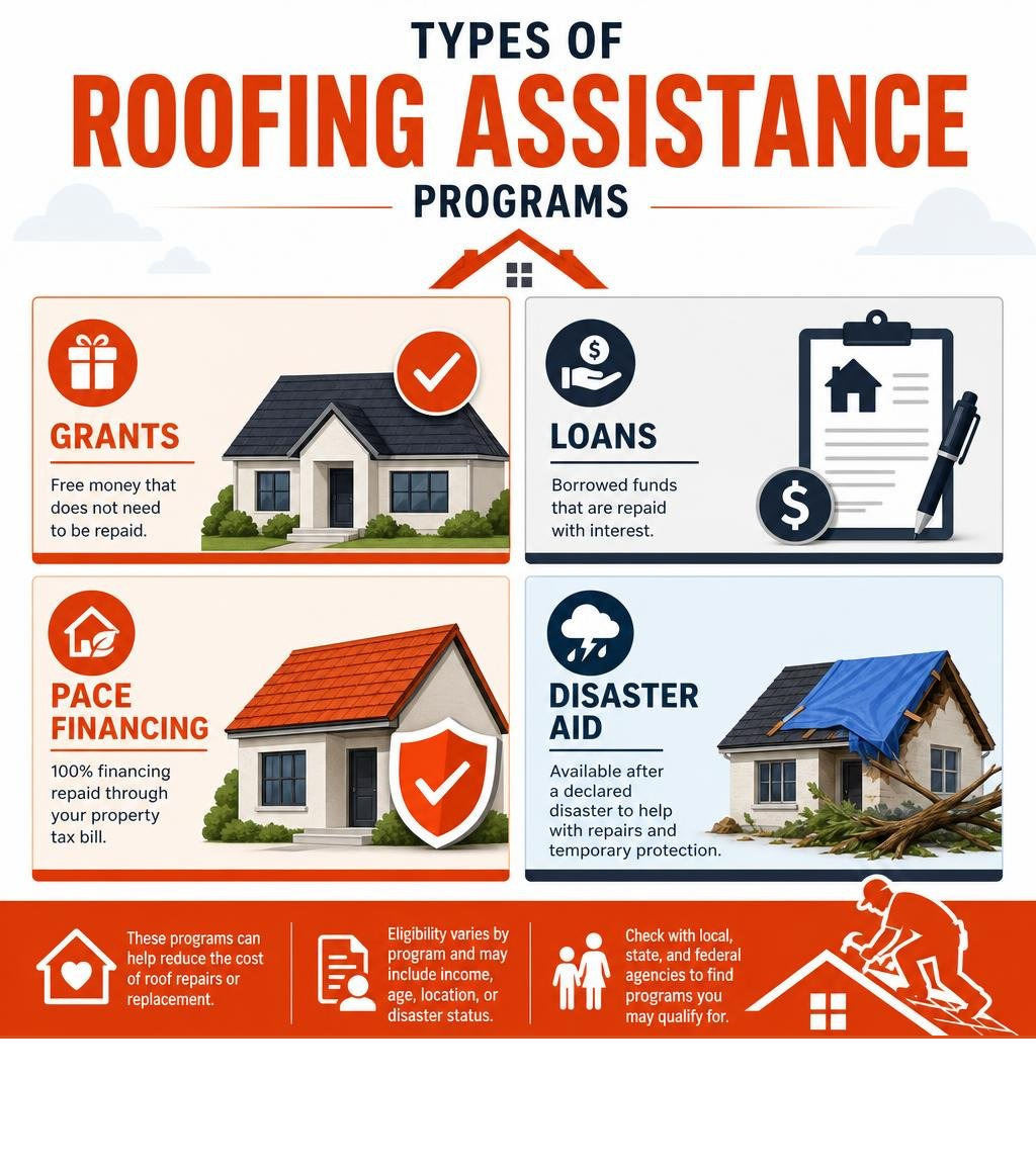 Types of roofing assistance programs: grants, loans, PACE financing, and disaster aid infographic infographic