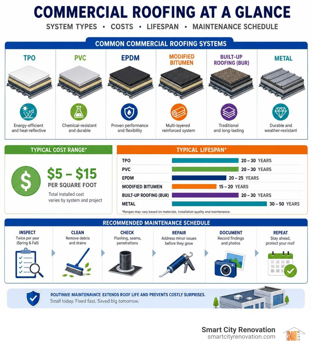 infographic showing commercial roofing systems types costs lifespan and maintenance schedule infographic infographic showing commercial roofing systems types costs lifespan and maintenance schedule infographic