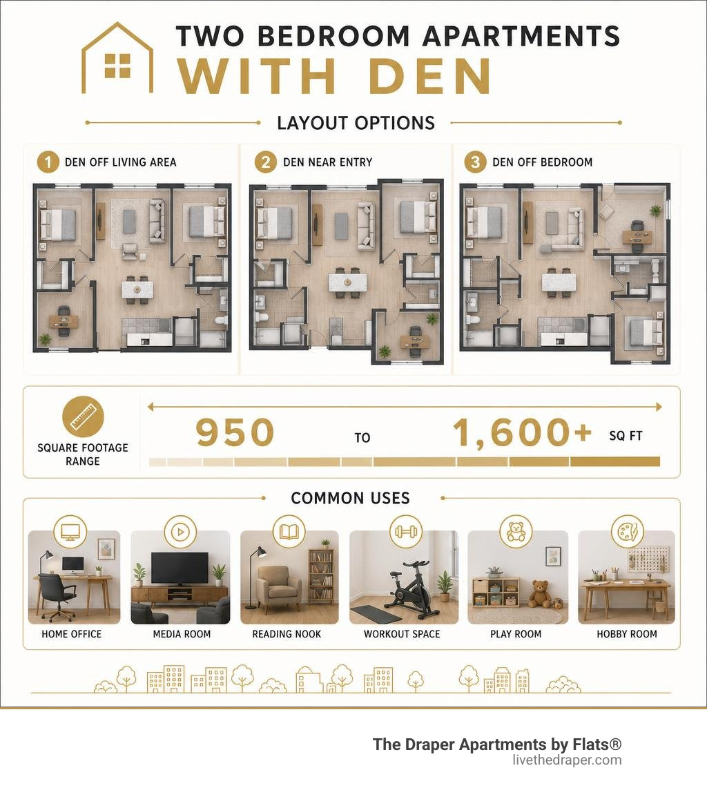 infographic showing den layout options, square footage ranges, and common uses for two bedroom apartments with den