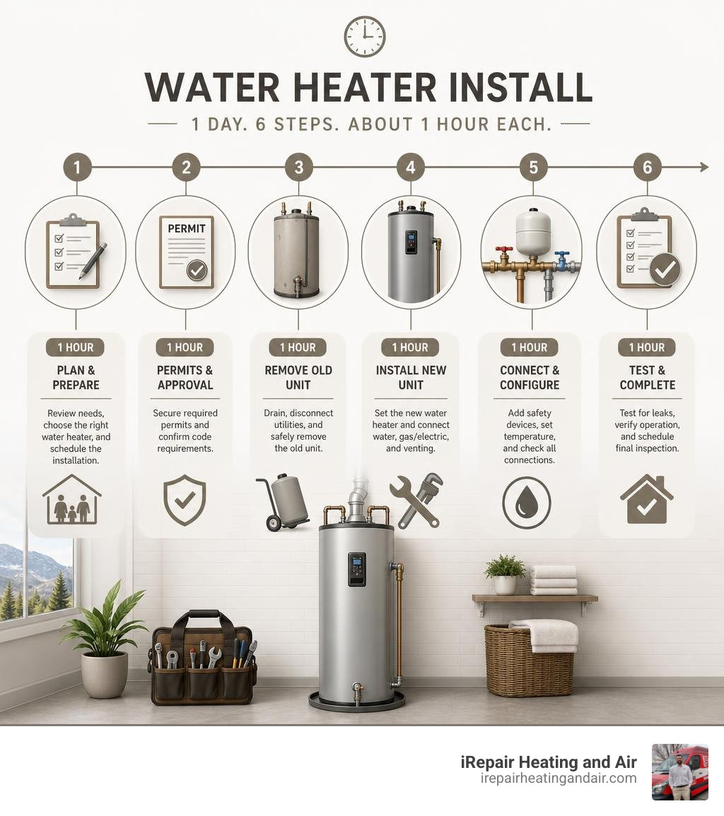 Timeline infographic showing a daily 1-hour water heater installation plan from planning to completion infographic