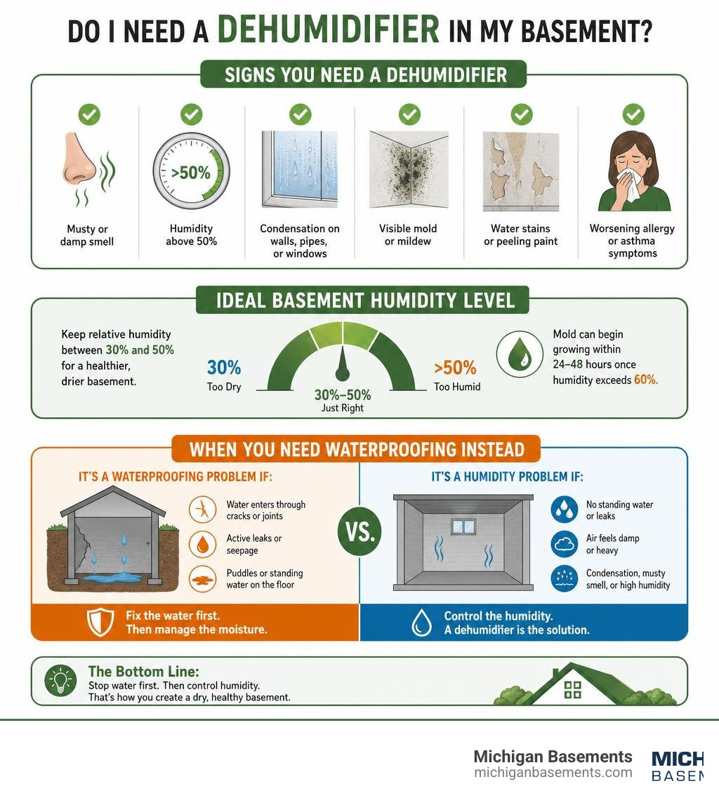 Infographic showing signs you need a basement dehumidifier, ideal humidity levels, and when waterproofing is needed instead