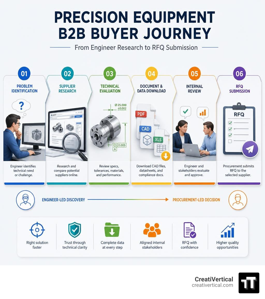 Infographic showing the precision equipment B2B buyer journey from engineer research to RFQ submission infographic Infographic showing the precision equipment B2B buyer journey from engineer research to RFQ submission infographic