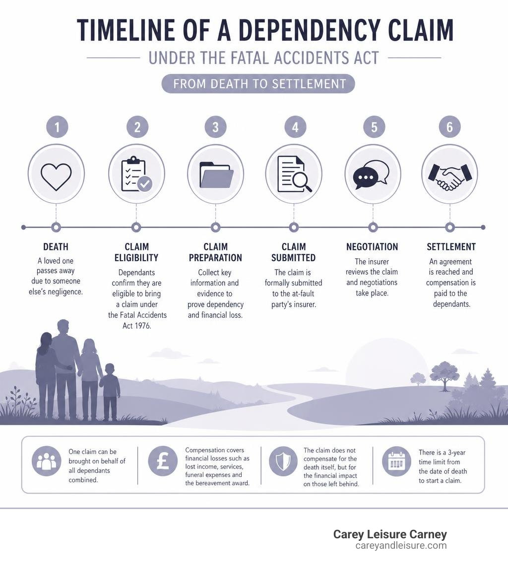 Timeline of a dependency claim under the Fatal Accidents Act from death to settlement infographic Timeline of a dependency claim under the Fatal Accidents Act from death to settlement infographic