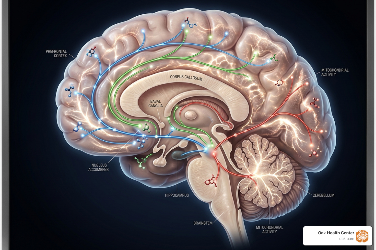 Brain illustration highlighting neurotransmitter pathways and biological energy systems