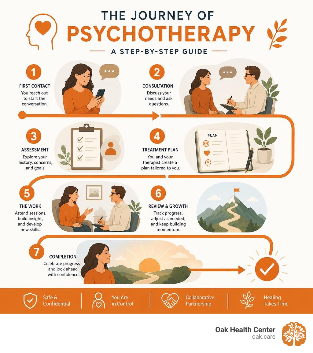 Step-by-step journey of psychotherapy from first contact to treatment completion infographic